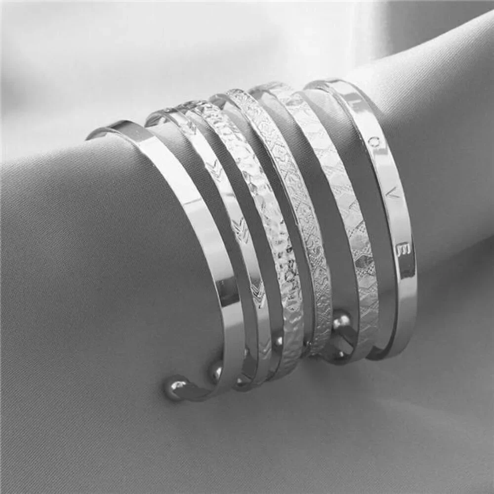 6 Silver Bangle Bracelets for Women, Multi Layer Stackable Cuff Bracelet Set,
